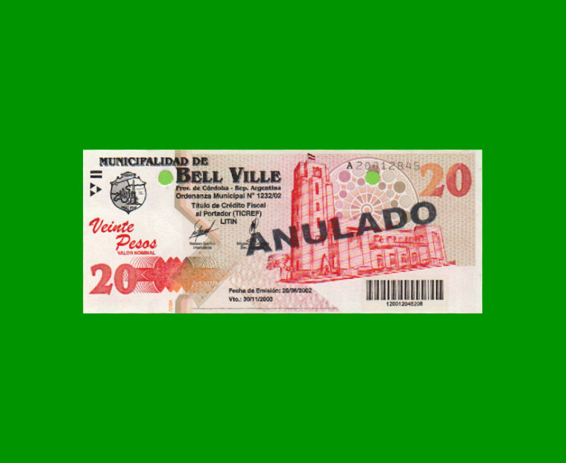 BONO MUNICIPALIDAD DE BELL VILLE $20,00, AÑO 2002/2003, ESTADO SIN CIRCULAR.-