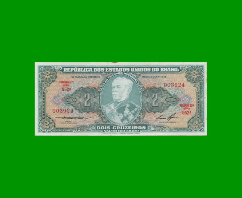 BILLETE DE BRASIL 2 CRUZEIROS, PICK 157Ac, AÑO 1958, ESTADO SIN CIRCULAR.-