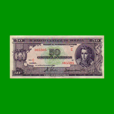 BILLETE DE BOLIVIA 50 BOLIVIANOS, PICK 141, AÑO 1945, ESTADO EXCELENTE.-