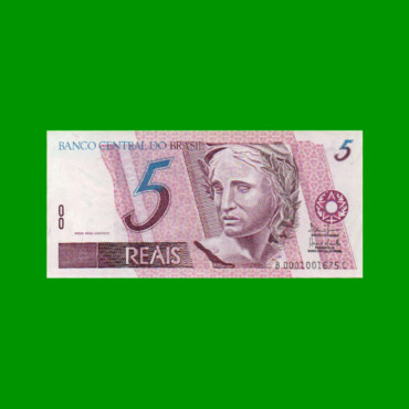 BILLETE DE BRASIL 5 REALES, PICK NEW, N° CAT 275, AÑO 2003, ESTADO SIN CIRCULAR.-