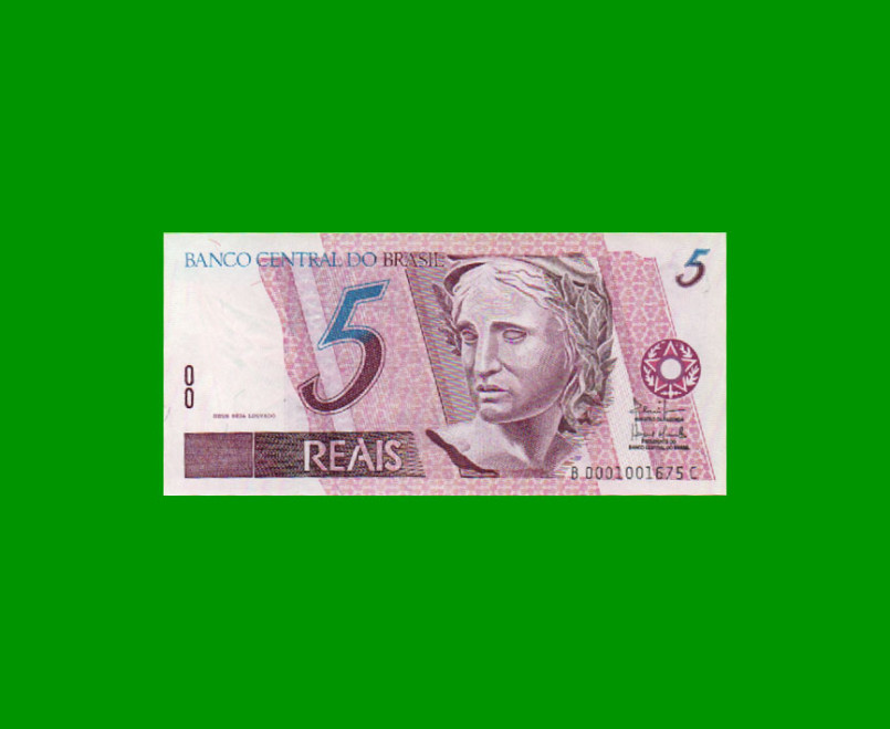 BILLETE DE BRASIL 5 REALES, PICK NEW, N° CAT 275, AÑO 2003, ESTADO SIN CIRCULAR.-