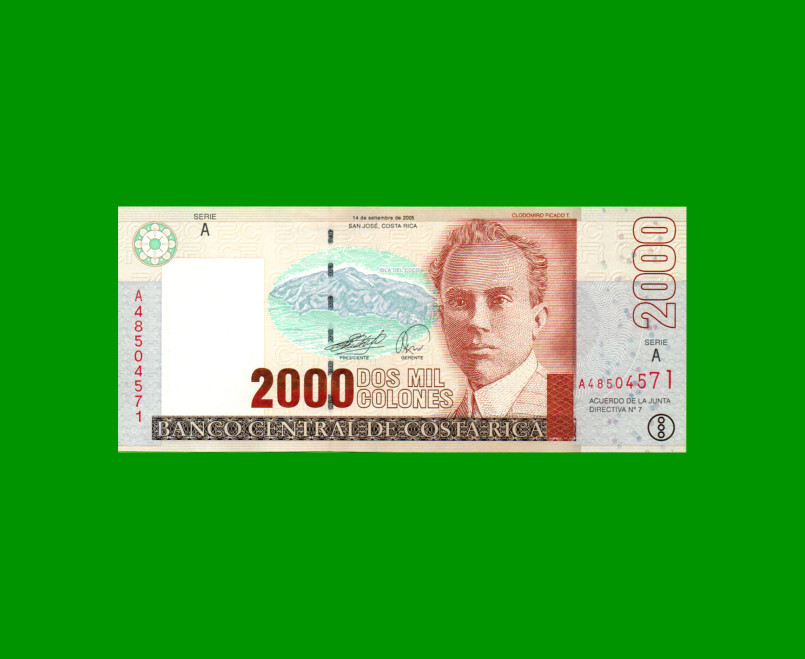 BILLETE DE COSTA RICA 2.000 COLONES, PICK 265e, AÑO 2005, ESTADO SIN CIRCULAR.-