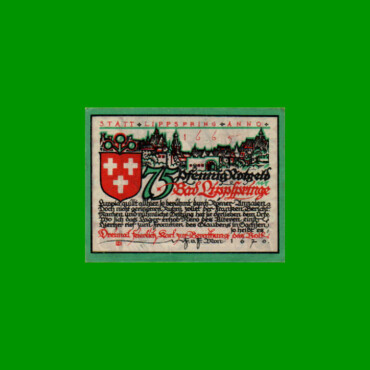BILLETE DE ALEMANIA NOTGELD CIUDAD DE BAD LIPPSPRINGE 75 CENTAVOS, M. M. 805.1, ESTADO EXCELENTE+ .-