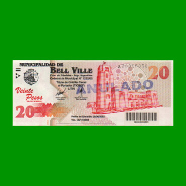 BONO MUNICIPALIDAD DE BELL VILLE $20,00, AÑO 2002/2003, ESTADO EXCELENTE+ .-