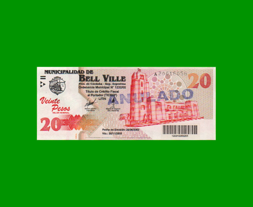 BONO MUNICIPALIDAD DE BELL VILLE $20,00, AÑO 2002/2003, ESTADO EXCELENTE+ .-