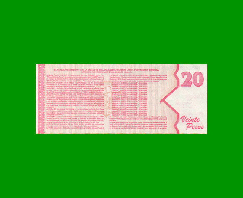 BONO MUNICIPALIDAD DE BELL VILLE $20,00, AÑO 2002/2003, ESTADO SIN CIRCULAR.- - Imagen 2