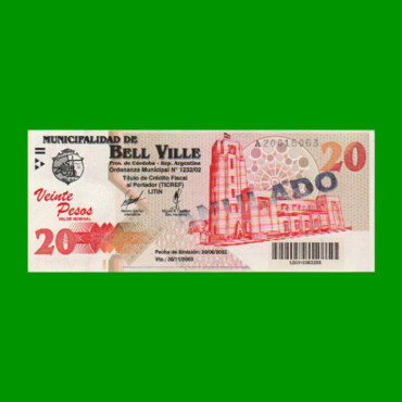 BONO MUNICIPALIDAD DE BELL VILLE $20,00, AÑO 2002/2003, ESTADO SIN CIRCULAR.-