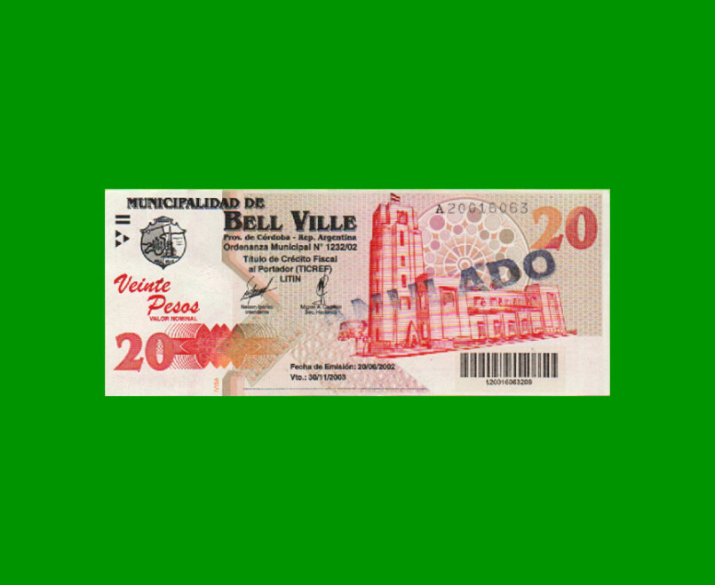 BONO MUNICIPALIDAD DE BELL VILLE $20,00, AÑO 2002/2003, ESTADO SIN CIRCULAR.-