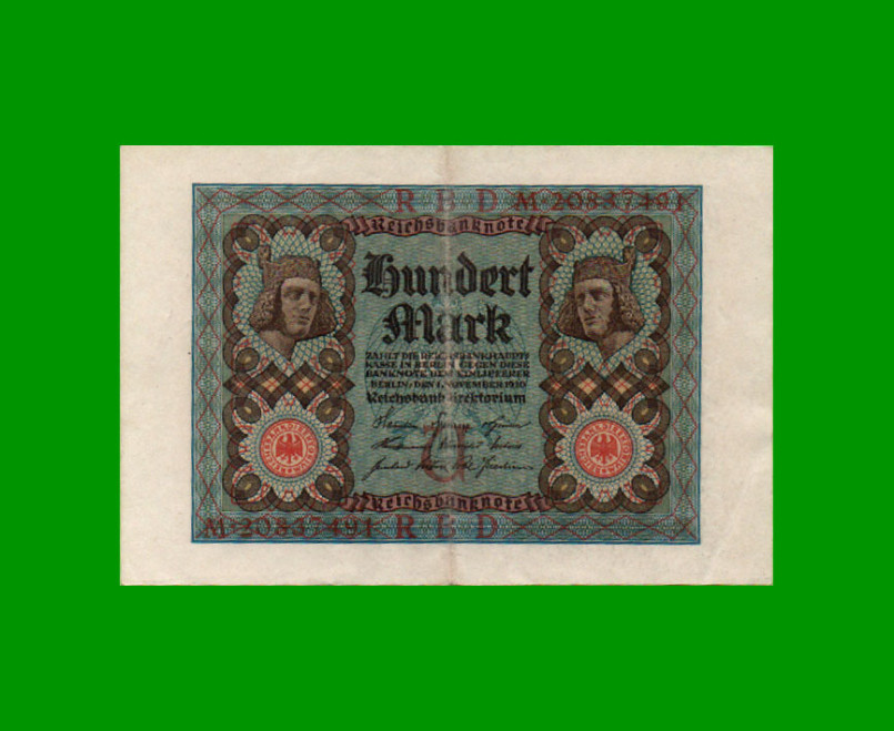 BILLETE DE ALEMANIA 100 MARCOS, PICK 69b, AÑO 1920, ESTADO EXCELENTE- .-