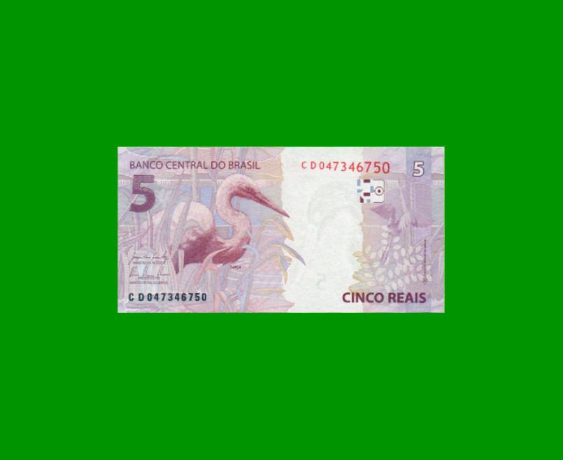 BILLETE DE BRASIL 5 REALES, PICK 253b, N° CAT 341, SERIE C D, AÑO 2015, ESTADO SIN CIRCULAR.- - Imagen 2