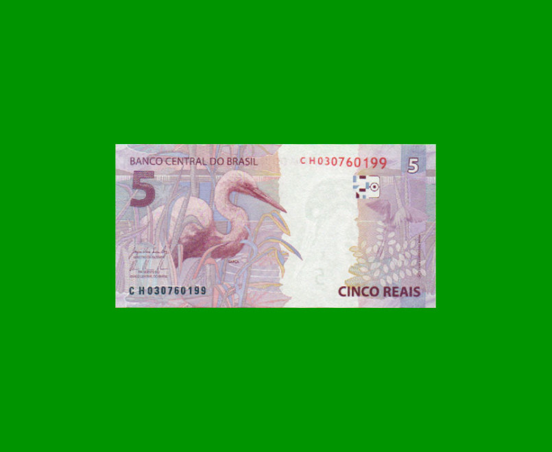 BILLETE DE BRASIL 5 REALES, PICK 253b, N° CAT 341, SERIE C H, AÑO 2015, ESTADO SIN CIRCULAR.- - Imagen 2