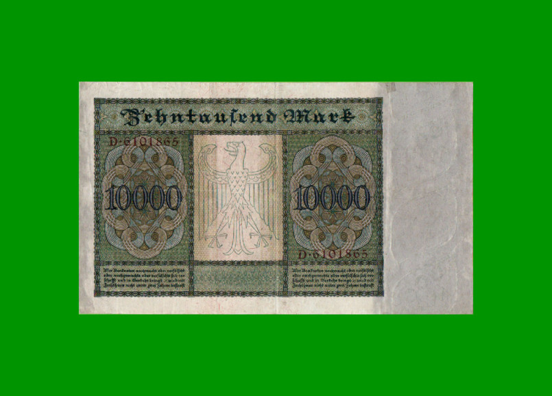 BILLETE DE ALEMANIA 10.000 MARCOS, PICK 70, AÑO 1922, ESTADO MUY BUENO+ .- - Imagen 2