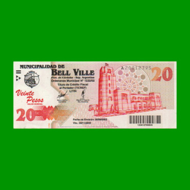BONO MUNICIPALIDAD DE BELL VILLE $20,00, AÑO 2002/2003, ESTADO EXCELENTE.-