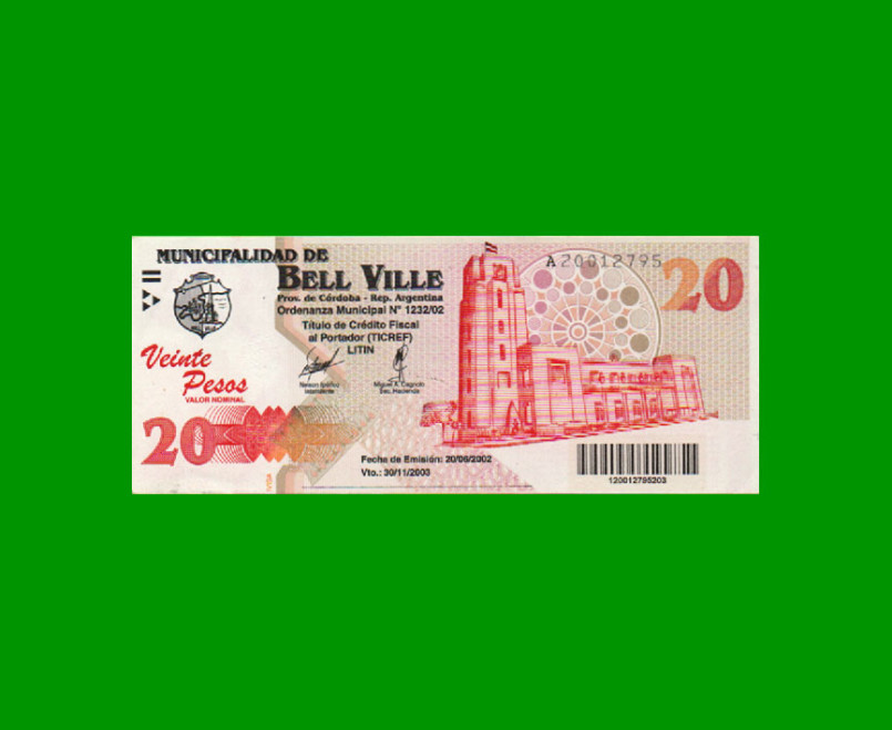 BONO MUNICIPALIDAD DE BELL VILLE $20,00, AÑO 2002/2003, ESTADO EXCELENTE.-