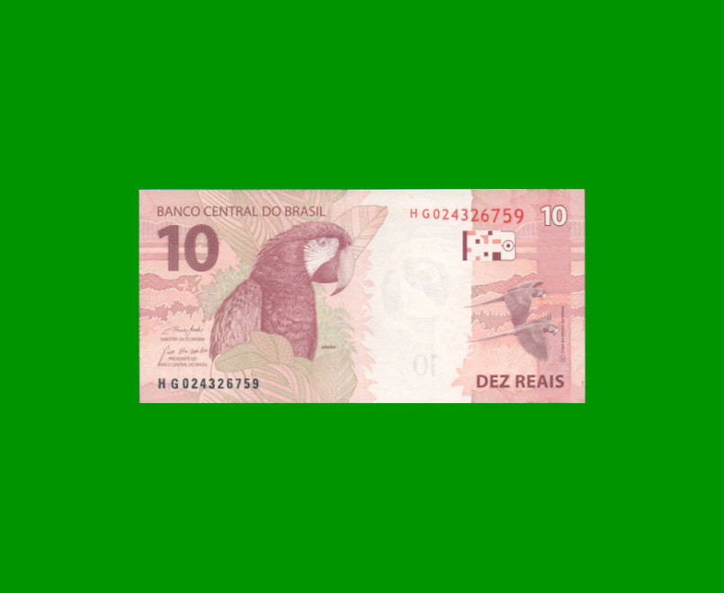 BILLETE DE BRASIL 10 REALES, PICK NEW, N° CAT 350, SERIE HG, AÑO 2019, ESTADO SIN CIRCULAR.- - Imagen 2