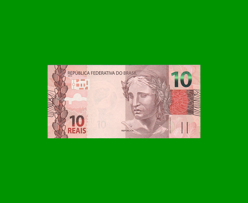 BILLETE DE BRASIL 10 REALES, PICK NEW, N° CAT 350, SERIE HG, AÑO 2019, ESTADO SIN CIRCULAR.-