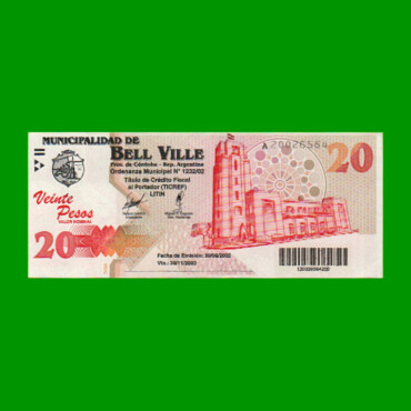 BONO MUNICIPALIDAD DE BELL VILLE $20,00, AÑO 2002/2003, ESTADO EXCELENTE+ .-