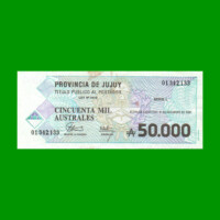 BONO DE JUJUY 50.000 AUSTRALES, EC 027, AÑO 1991, ESTADO EXCELENTE+ .-