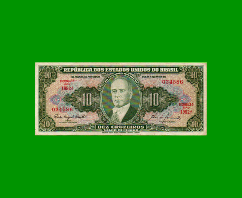 BILLETE DE BRASIL 10 CRUZEIROS, PICK 159f, AÑO 1960, ESTADO MUY BUENO.-