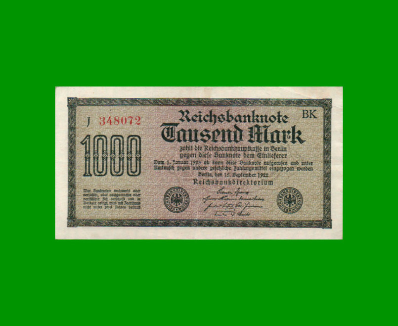 BILLETE DE ALEMANIA 1.000 MARCOS, PICK 76c, AÑO 1922, ESTADO EXCELENTE- .-