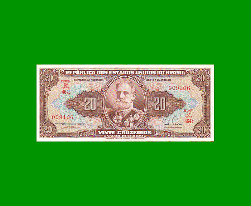 BILLETE DE BRASIL 20 CRUZEIROS, PICK 160a, AÑO 1955, ESTADO EXCELENTE+ .-