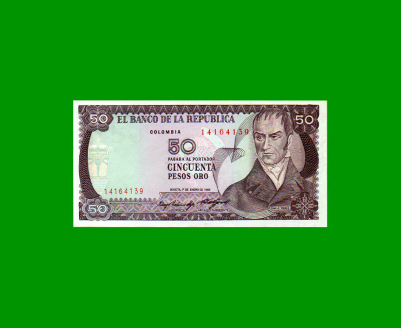 BILLETE DE COLOMBIA $ 50,00, PICK 425a, AÑO 1985, ESTADO SIN CIRCULAR.-