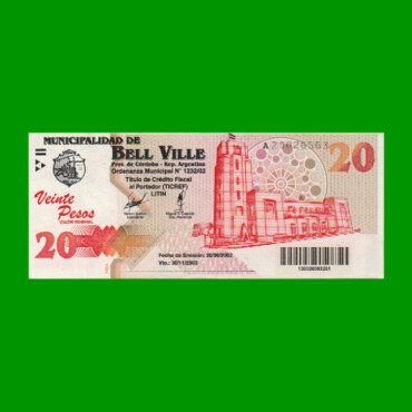 BONO MUNICIPALIDAD DE BELL VILLE $20,00, AÑO 2002/2003, ESTADO SIN CIRCULAR.-