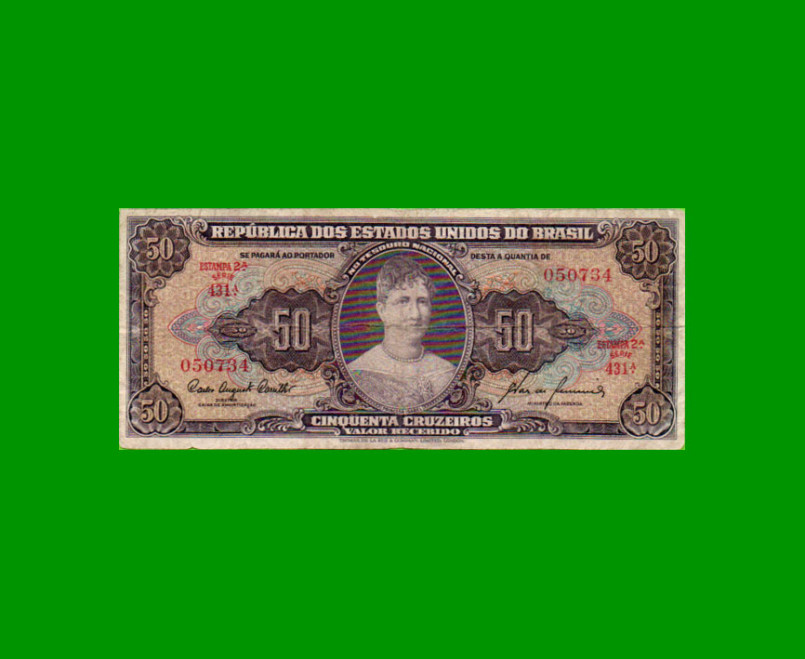 BILLETE DE BRASIL 50 CRUZEIROS, PICK 161c, AÑO 1960, ESTADO BUENO+ .-