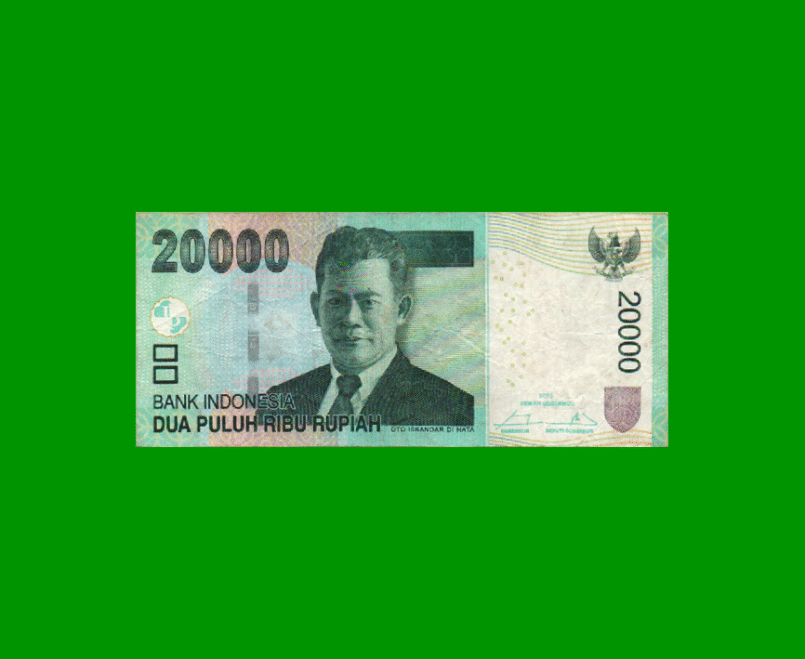 BILLETE DE INDONESIA 20.000 RUPIAS, PICK 151f, AÑO 2016, ESTADO MUY BUENO.-