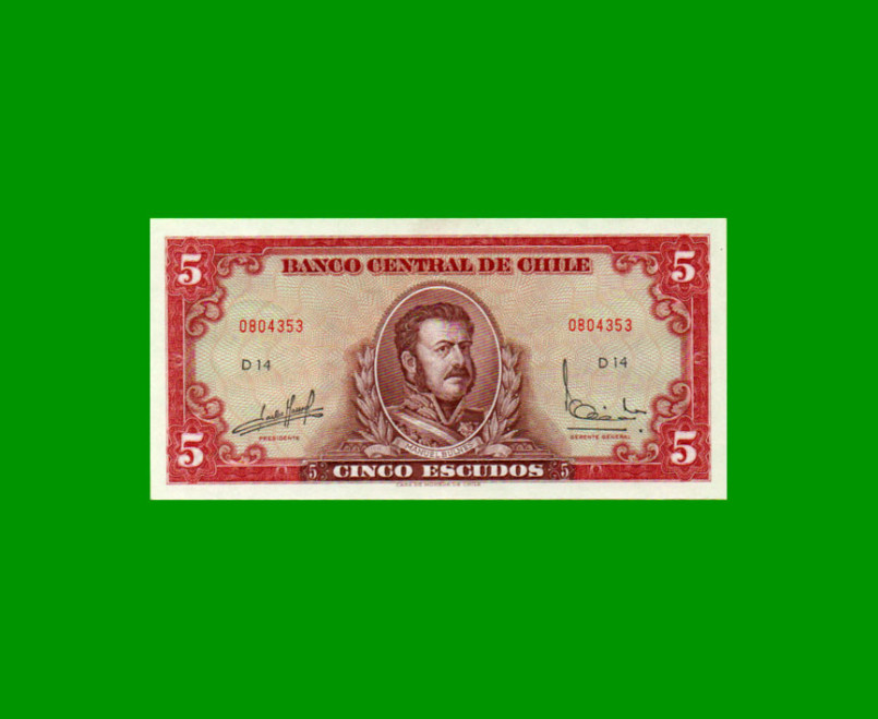 BILLETE DE CHILE 5 ESCUDOS, PICK 138, AÑO 1964, ESTADO SIN CIRCULAR.-