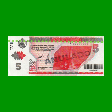 BONO MUNICIPALIDAD DE BELL VILLE $5,00, AÑO 2006/2007, ESTADO EXCELENTE.-