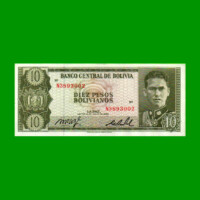 BILLETE DE BOLIVIA 10 PESOS BOLIVIANOS, PICK 154a, AÑO 1962, ESTADO EXCELENTE+ .-