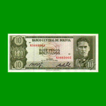BILLETE DE BOLIVIA 10 PESOS BOLIVIANOS, PICK 154a, AÑO 1962, ESTADO EXCELENTE+ .-