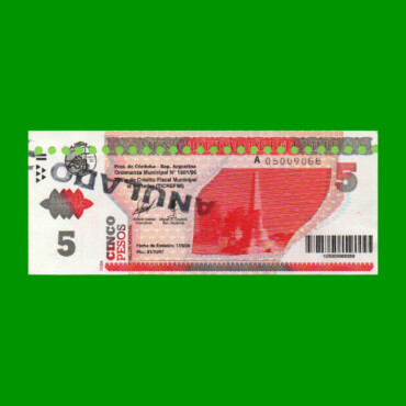 BONO MUNICIPALIDAD DE BELL VILLE $5,00, AÑO 2006/2007, ESTADO EXCELENTE+ .-