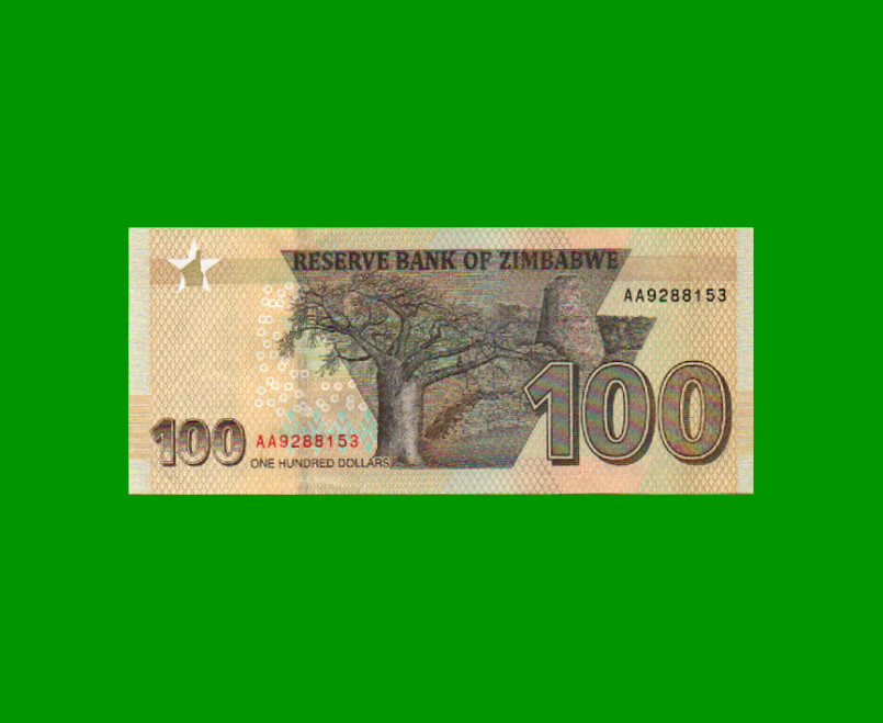 BILLETE DE ZIMBABWE 100 DOLARES, PICK 106, AÑO 2020, ESTADO SIN CIRCULAR.-