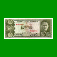 BILLETE DE BOLIVIA 10 PESOS BOLIVIANOS, PICK 154a, AÑO 1962, ESTADO SIN CIRCULAR.-