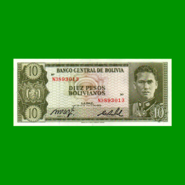 BILLETE DE BOLIVIA 10 PESOS BOLIVIANOS, PICK 154a, AÑO 1962, ESTADO SIN CIRCULAR.-