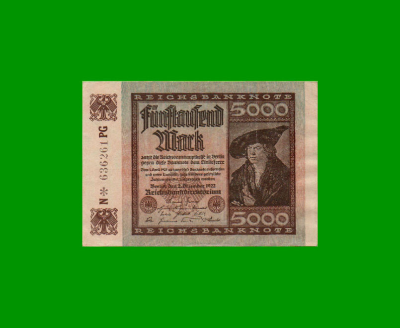 BILLETE DE ALEMANIA 5.000 MARCOS, PICK 81a, AÑO 1922, ESTADO EXCELENTE.-