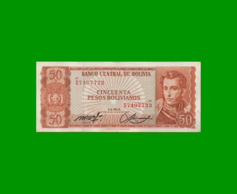 BILLETE DE BOLIVIA 50 PESOS BOLIVIANOS, PICK 162a, AÑO 1962, ESTADO MUY BUENO+ .-