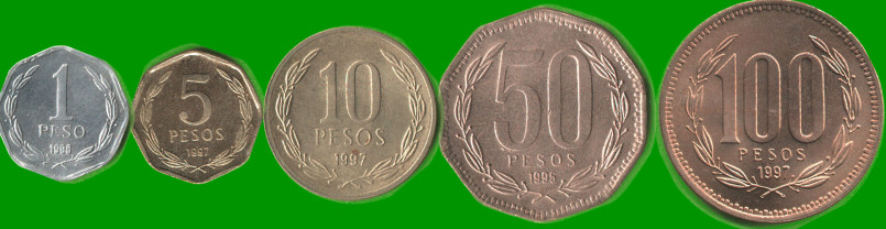 CHILE SET DE CINCO MONEDAS 1, 5, 10, 50 Y 100 PESOS, AÑO 1995/ 1998, ESTADO NUEVAS.-