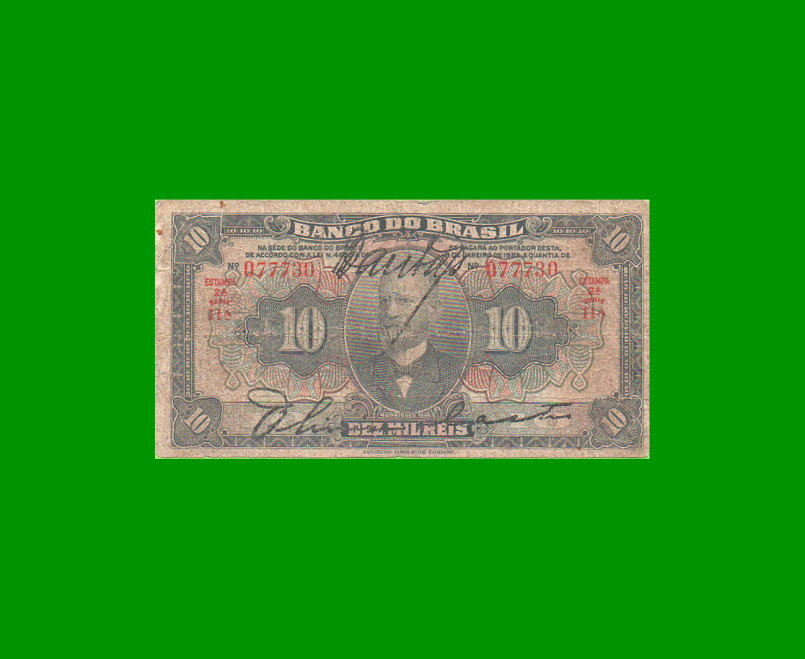 BILLETE DE BRASIL 10 MIL RIES, PICK 115, AÑO 1923, ESTADO BUENO.-