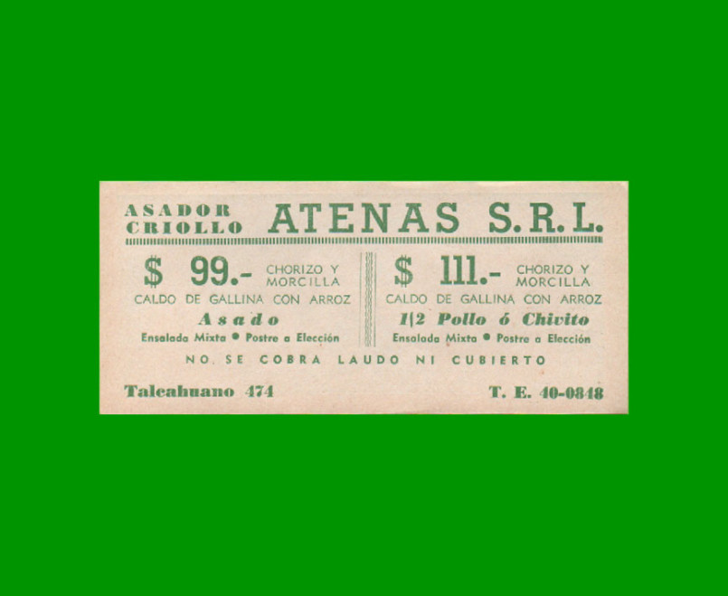 BILLETE DE EEUU 5 DOLARES, "ATENAS S.R.L. ASADOR CRIOLLO", PUBLICITARIO FANTASIA, ESTADO EXCELENTE+ .- - Imagen 2