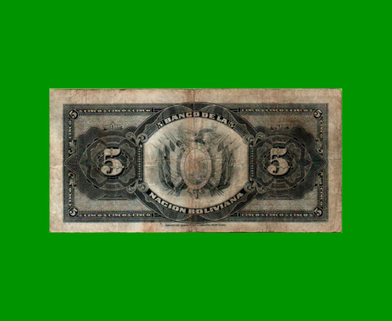 BILLETE DE BOLIVIA 5 BOLIVIANOS, PICK 113, AÑO 1929, ESTADO BUENO.- - Imagen 2