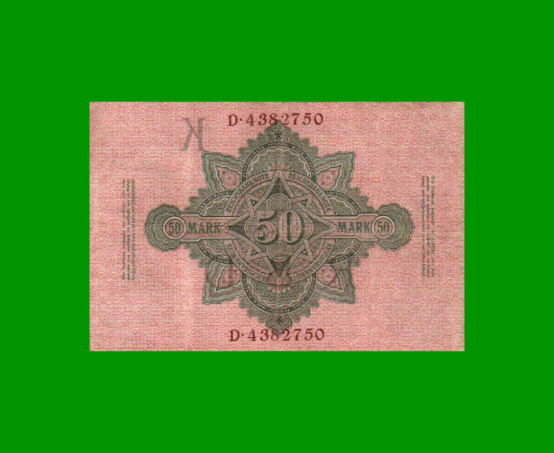 BILLETE DE ALEMANIA 50 MARCOS, PICK 41, AÑO 1910, ESTADO MUY BUENO- .- - Imagen 2