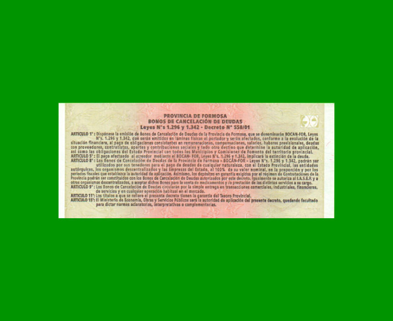 BONO DE FORMOSA $ 10,00, EC 351, AÑO 2001, ESTADO SIN CIRCULAR.- - Imagen 2