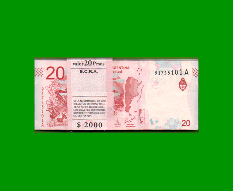 FAJO DE BILLETES PESOS 3er DISEÑO $20,00, BOT 5001, PICK NEW, AÑO 2017, ESTADO SIN CIRCULAR.- - Imagen 2