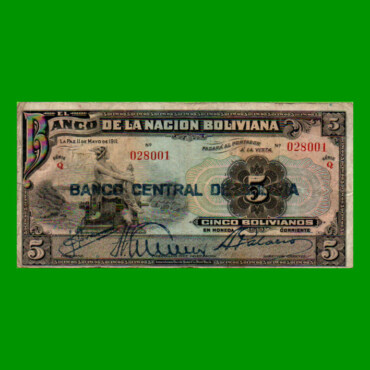 BILLETE DE BOLIVIA 5 BOLIVIANOS, PICK 113, AÑO 1929, ESTADO BUENO.-