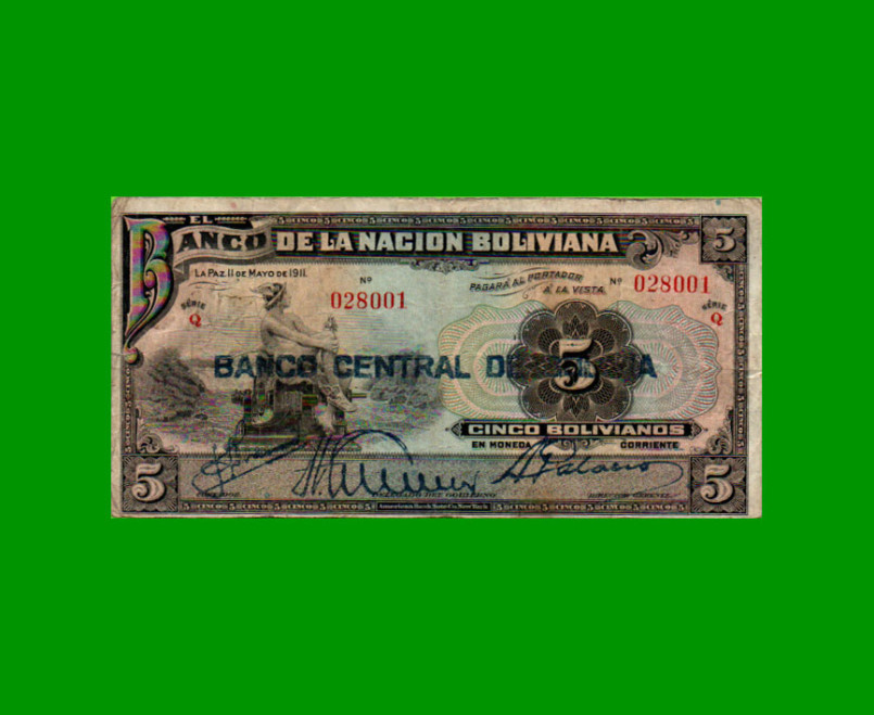 BILLETE DE BOLIVIA 5 BOLIVIANOS, PICK 113, AÑO 1929, ESTADO BUENO.-