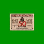 BILLETE DE ALEMANIA NOTGELD CIUDAD DE APOLDA 50 CENTAVOS, M. M. 36.2, ESTADO EXCELENTE+ .-