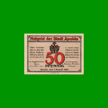 BILLETE DE ALEMANIA NOTGELD CIUDAD DE APOLDA 50 CENTAVOS, M. M. 36.2, ESTADO EXCELENTE+ .-